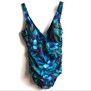 Miraclesuit Teal Blue & Green Floral Surplice One-Piece